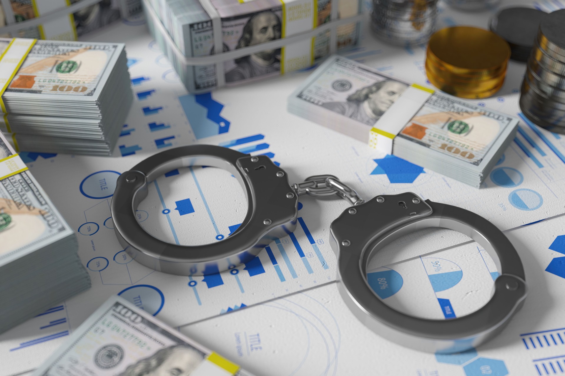 Financial Crime Investigation With Dollar Bills and Handcuffs